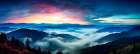 Mountain landscape at sunrise with low clouds. (AI Generated) Art Print